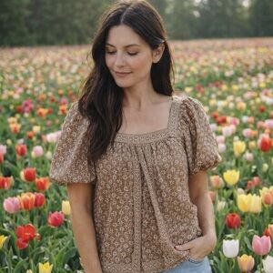 Max Studio Boho Brown Printed Blouse | Puff Sleeve Square Neck Flowy Top (S)